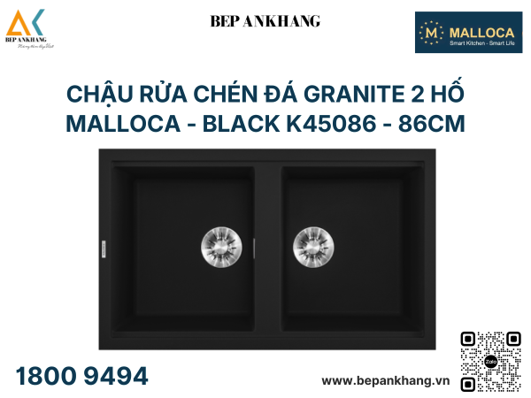 Chậu rửa chén đá Granite 2 hố Malloca - BLACK K45086 